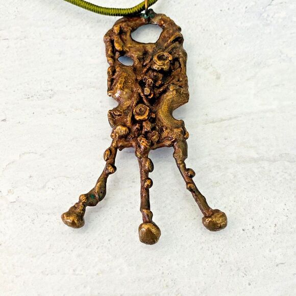Vintage Massive Size Modernist Brutalist Bronze Copper Brass Pendant Necklace - Picture 6 of 7